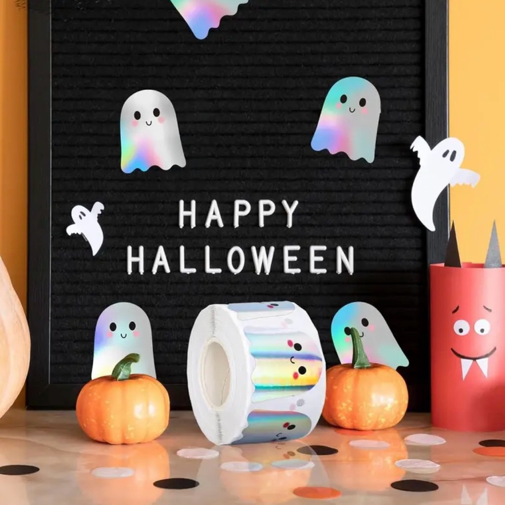 Halloween Holographic Cute Ghost Stickers Roll of 500 - Picture 4 of 5